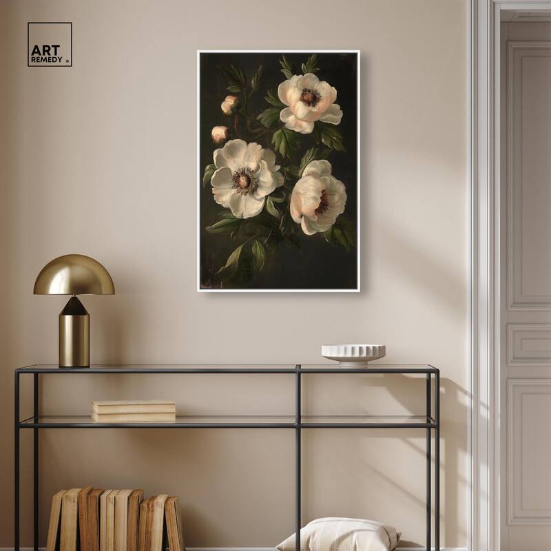 White Peonies in Dark I Canvas by Art Remedy