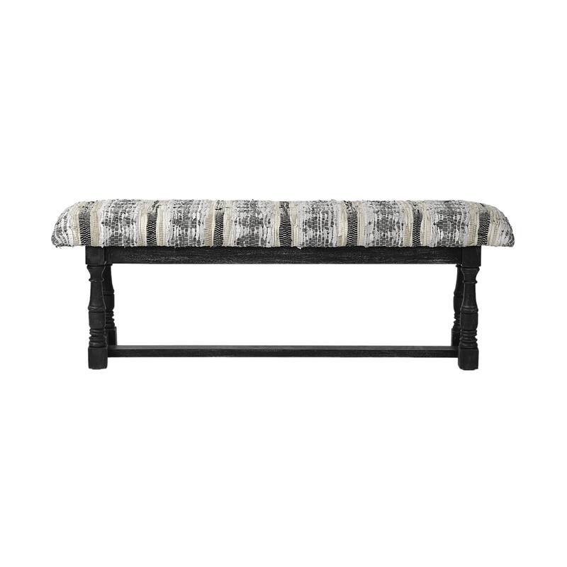 Off White Faux Leather Upholstered Entryway Bench Black Wood Legs Striped Pattern - 56” D x 14.5” W x 19” H