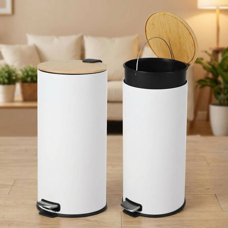 8 Gallon/30L Slim Stainless Steel Trash Can with Bamboo Lid Soft-Close Hands-Free Foot Pedal and Removable Bucket White