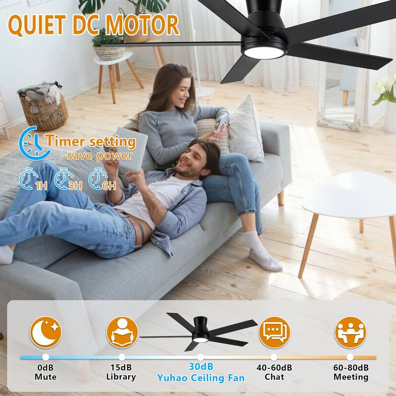 YUHAO AeroLite 48 in. Indoor White Low Profile Standard Ceiling Fan with Bright White Integrated LED Light Kit, Remote Included