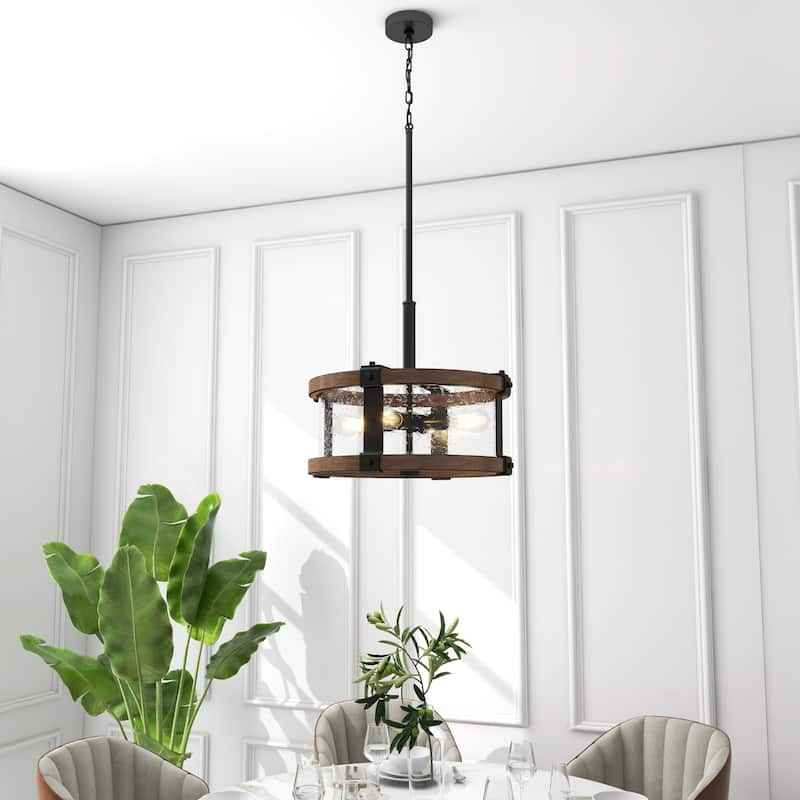 4-Light Distressed Black and Wood Tone Seeded Glass Drum Pendant - 18" x 65" x 18"