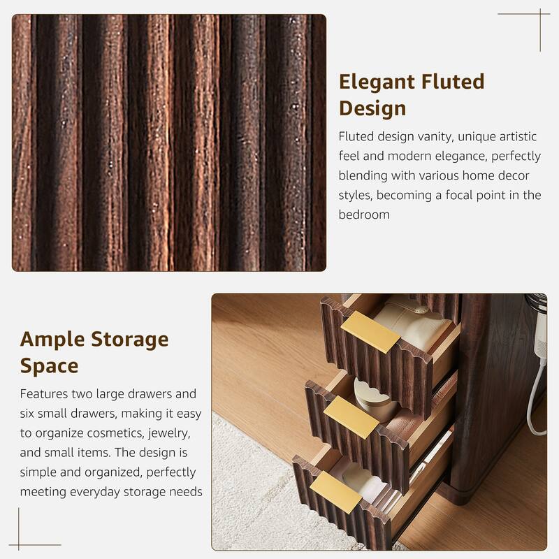 Modern Fluted Makeup Vanity Desk with Mirror, Lights, Charging Station