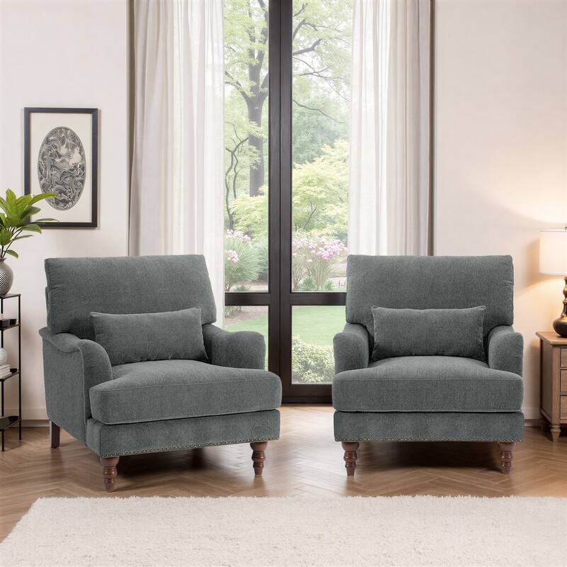 2 Piece Mid-Century Modern Oversized Accent Armchair Upholstered Chair - Grey
