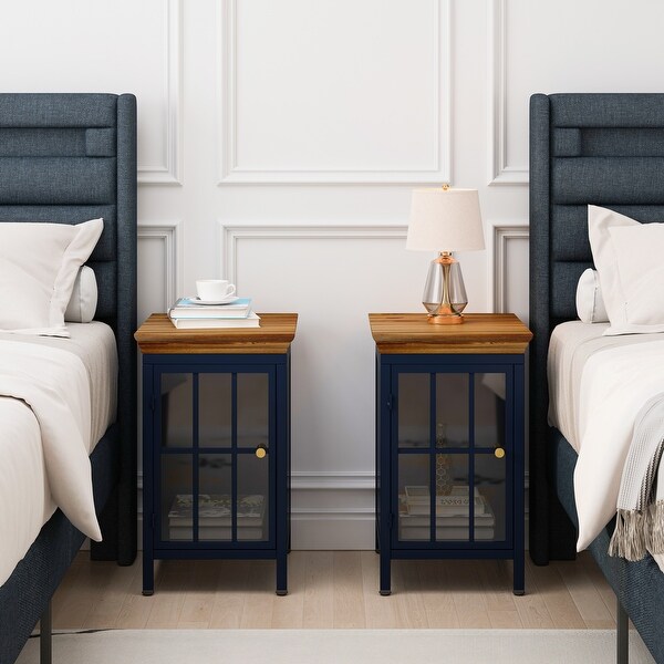 Modern Dark Blue Nightstand with Storage Cabinet & Solid Wood Top