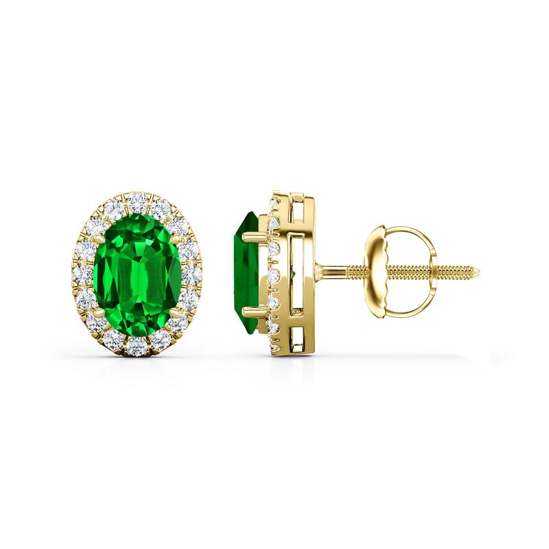 Auriya 14k Gold Lab Grown Gemstone Green Emerald Stud Earrings Oval 0.25 to 5.00 ct. tw. Halo Screw-Back - 4.00ct tgw. - Yellow