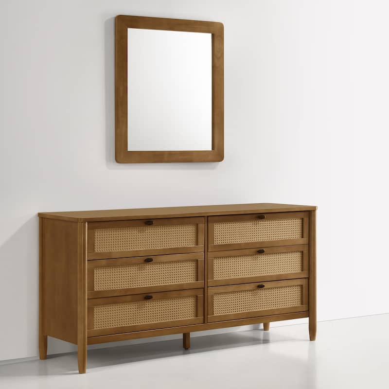 Roundhill Furniture Vichy Wood and Rattan 6-Drawer Dresser with Mirror