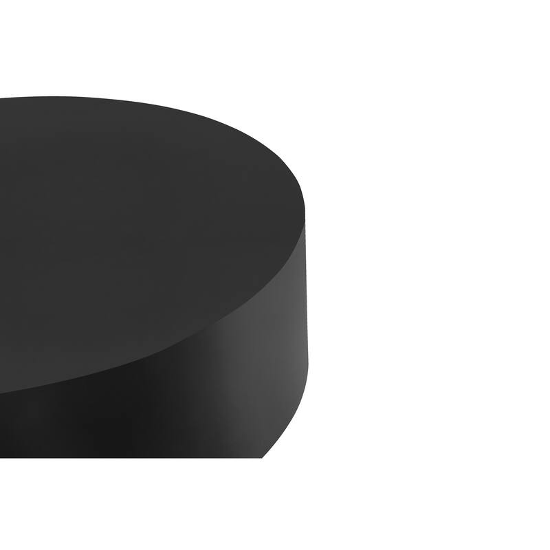 Rano Coffee Table, 40 Inch Round Black Iron Top, Modern Drum Shape