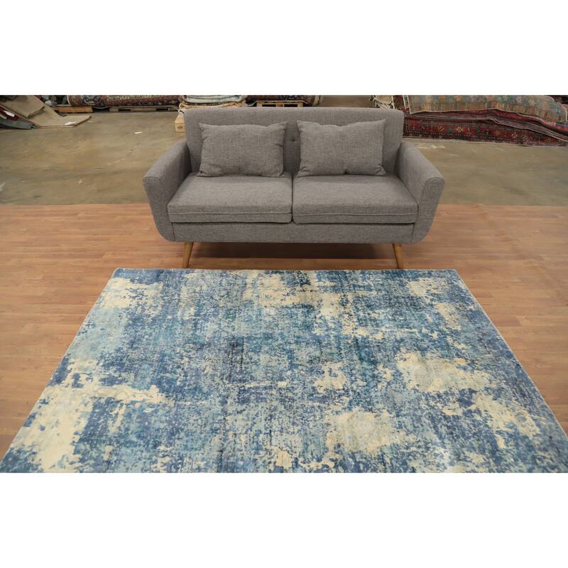 Hand Knotted Oriental Viscose Silk Carpet Modern Abstract Navy Blue & Blues Abstract Area Rug - 7' 2'' X 5' 0''