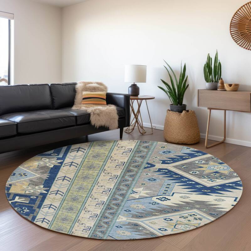 Premium Washable Super Soft Boho Global Aniston Mayfield Rug - Navy - 8' x 8'