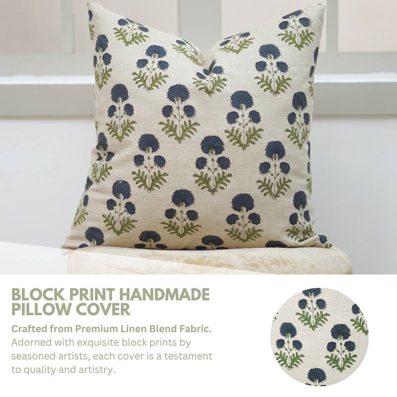 Fabdivine Rectangle Pillow Cover with Flower Block Print for Cozy Throw Home Blue Soft Linen 14x36 Inch Cushioncase, Rishi