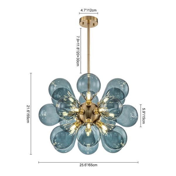 dimension image slide 1 of 4, 18-Light Cluster Blue Glass Bubble Chandelier - 25in Wide Gold