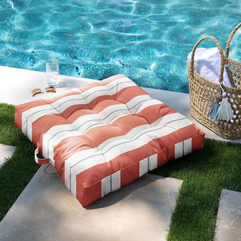 Sorra Home Sunbrella Striped Indoor/Outdoor Square Tufted Floor Pillow with Handle (Single Pillow)