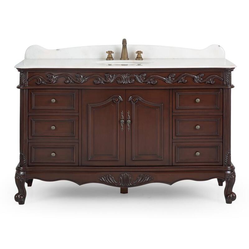 Benton Collection 56 Inch Antique White Traditional Style Single Sink Beckham Bathroom Vanity - Brown
