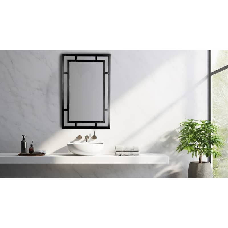 Glass Wall Mirror with Geometric Art Deco Wood Frame - 26.0"L x 1.1"W x 40.0"H