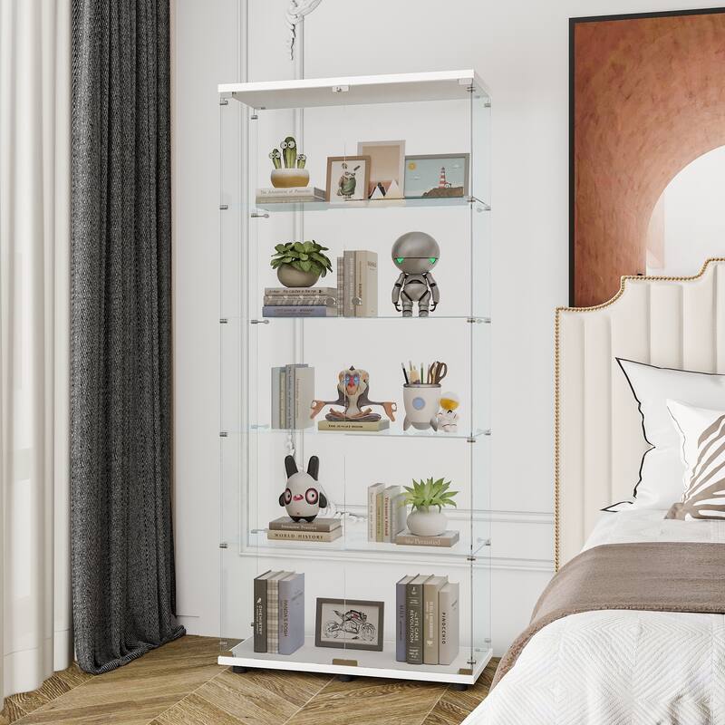 Floor Standing Glass Bookshelf Display Cabinet with 5 Shelves and Double Door - White
