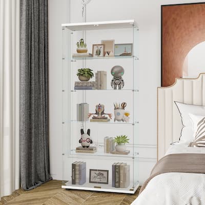 Glass Display Cabinet with 5 Shelves Double Door, Curio Cabinets, Floor Standing Glass Bookshelf, Quick Installation