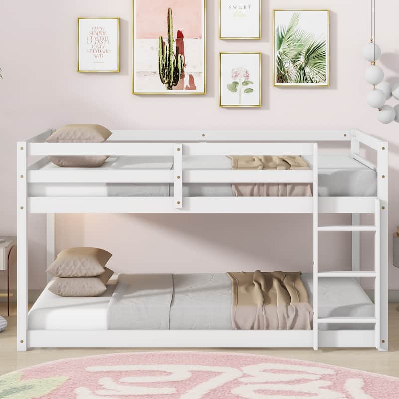 Twin over Twin Size Solid Rubber Wooden Loft Bed with Ladder, Platform of Strengthened Slats - White