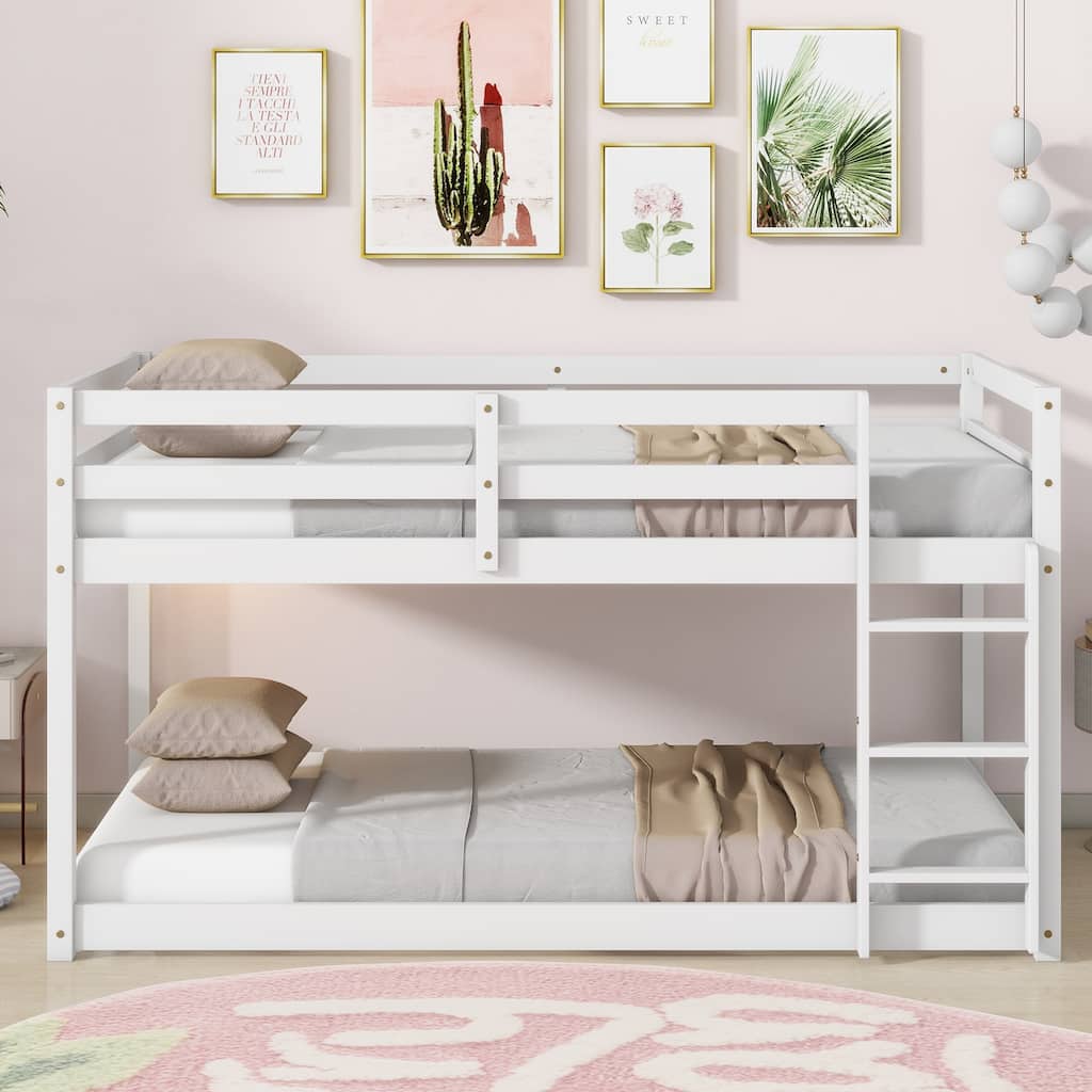 Twin over Twin Solid Rubber Wood Bunk Bed with Ladder and Strengthened Slats, White