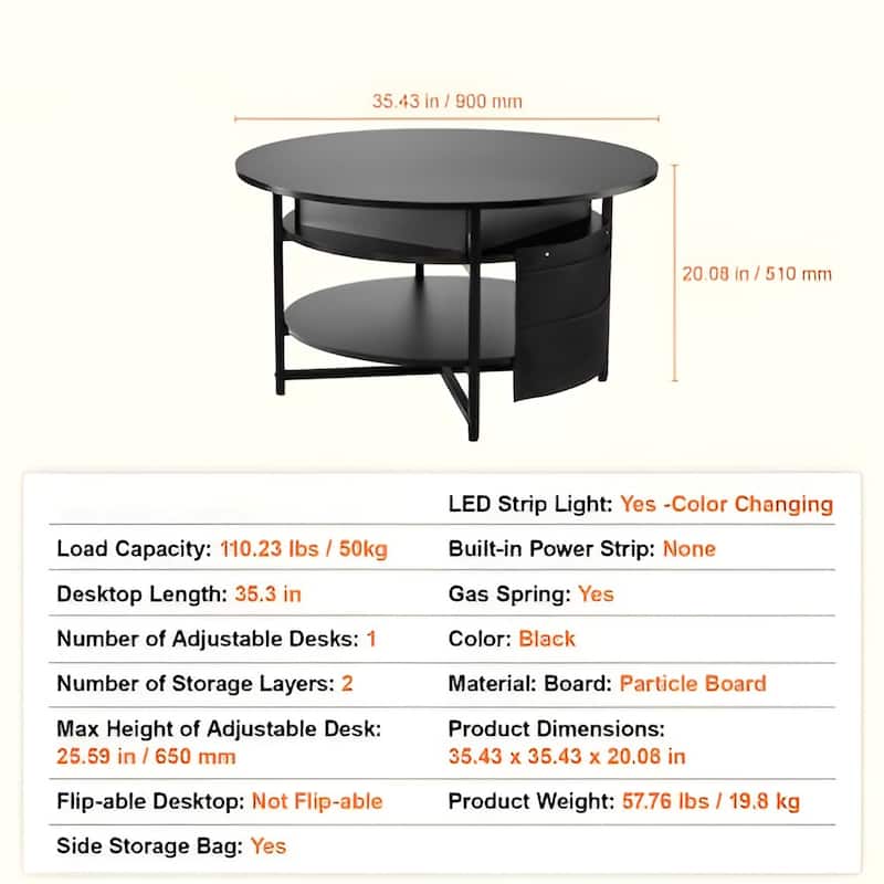 35.3" Round Coffee Table with Lift Top, Hidden Storage & Open Shelf