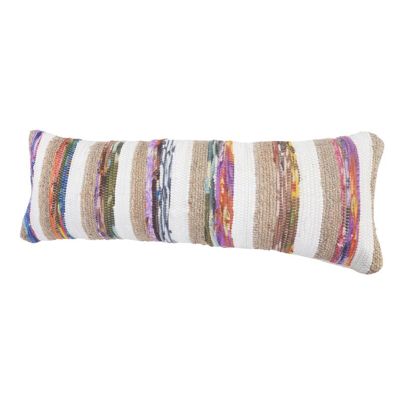 Sevita White and Multicolored Chindi with Natural Jute Striped Throw Pillow