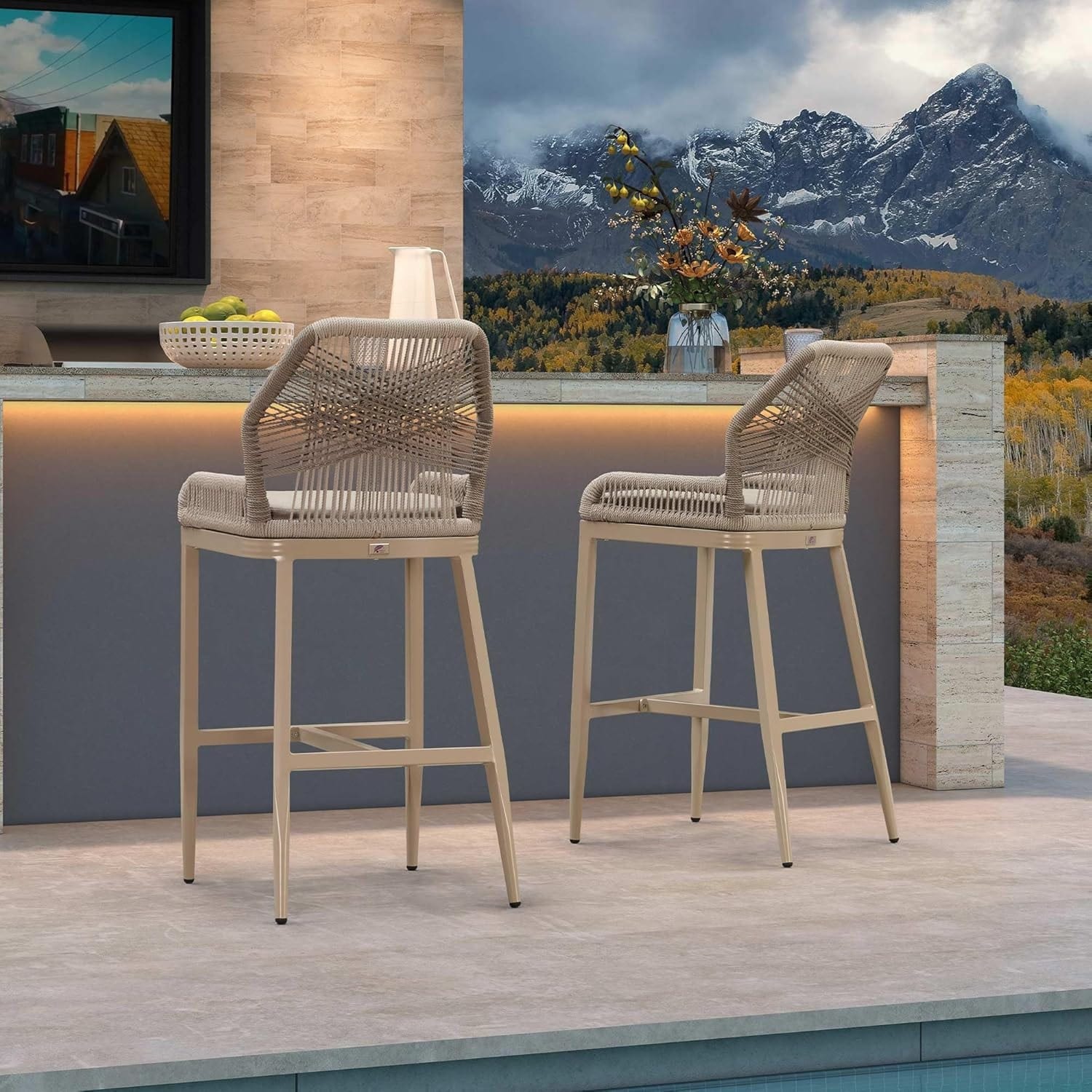 PURPLE LEAF Patio Sunbrella Bar Stools Set of 2 Handwoven Wicker Bar Height Stool Modern Aluminum High Bar Chairs