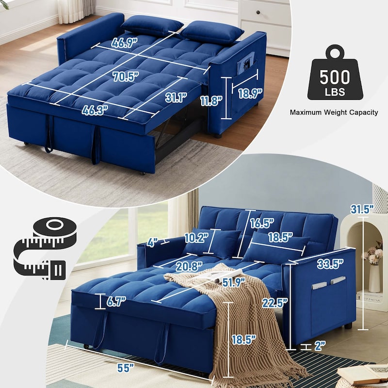 Aukfa Velvet Convertible Sleeper Sofa Loveseat with Side Pocket