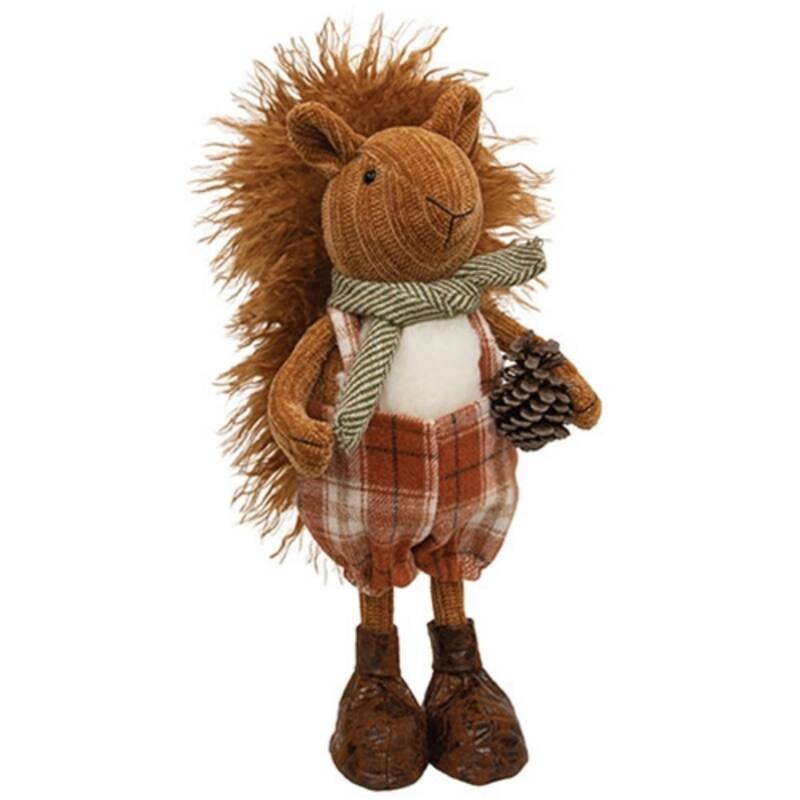 Plaid Overalls Standing Squirrel Plush Fall Autumn Decor Freestanding Woodland Figurine - 12.5” high by 6” wide - Brown
