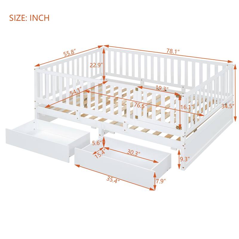 Full Size Wood Daybed with Fence Guardrails and 2 Drawers