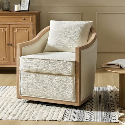 Oswald Jess Farmhouse Solid Wood Edging Swivel Barrel Chair with Toss Pillows by HULALA HOME