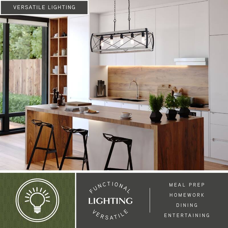 Montclare 5L Black and White Ash Wood Farmhouse Cage Linear Chandelier Island Pendant Light Fixture