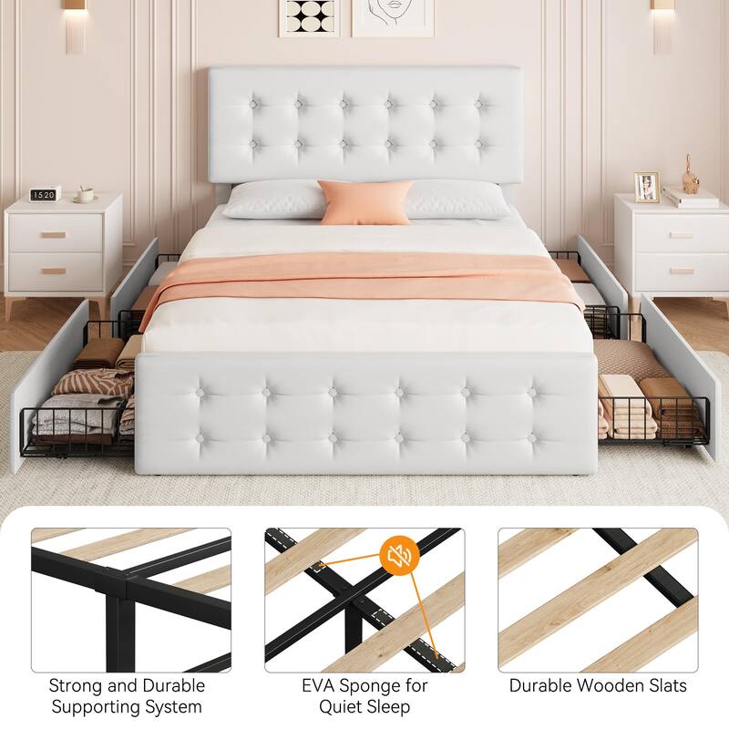 Full Bed Frame with Headboard and 4 Storage Drawers, Platform Bed Frame Square Stitched Button Tufted