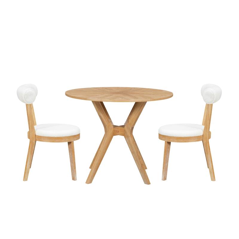 Mid-Century Modern 39.4" Round Dining Table Set with 2 Chairs, Intersecting Wooden Legs, Rubberwood & Plywood Construction