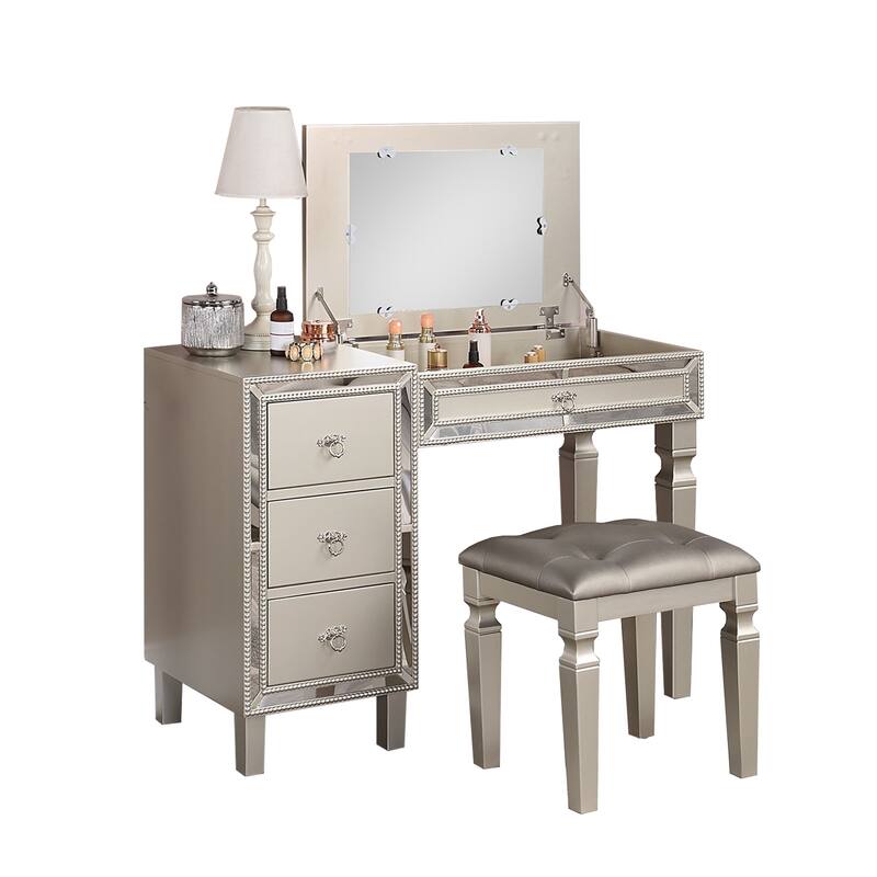 Fabric and Wood Vanity Set with Stool