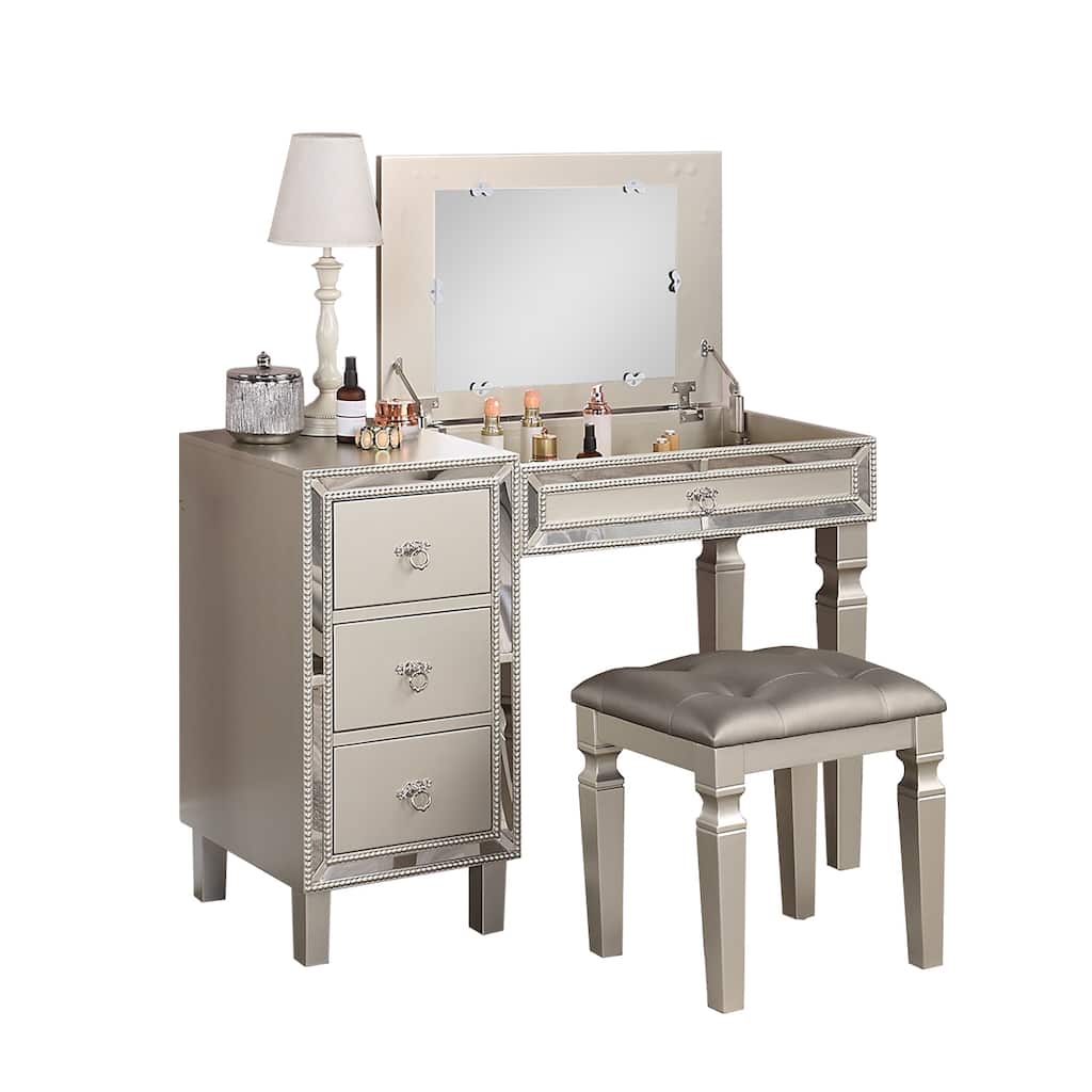 Fabric and Wood Vanity Set with Stool