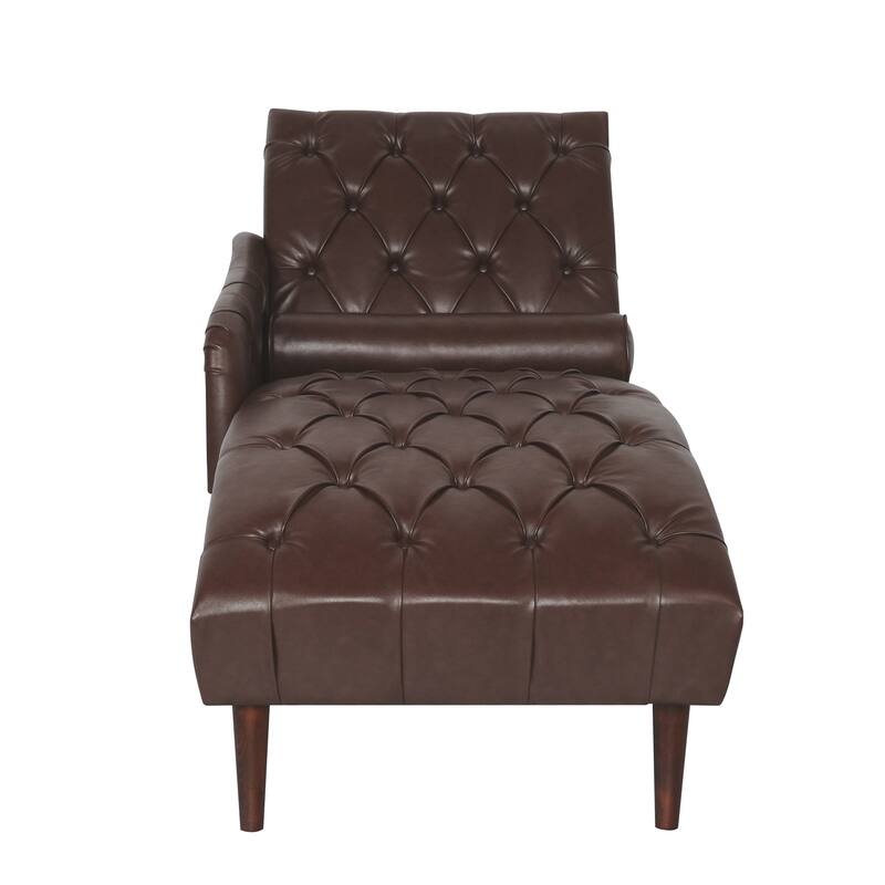 Faux Leather Chaise Lounge Chair with Pillow and Solid Wood Legs, Tufted Upholstered Accent Lounge Chair with Arm