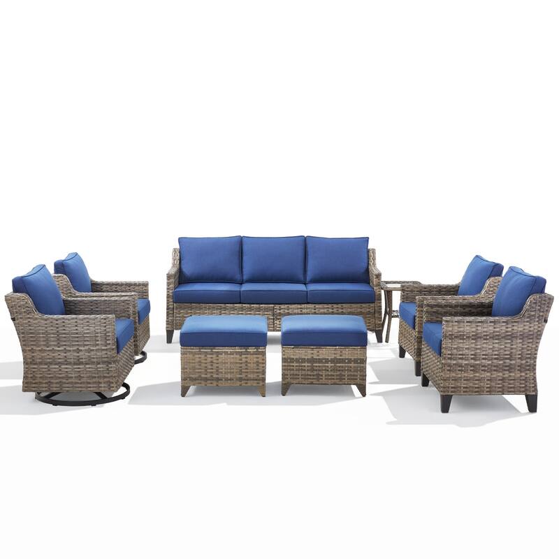 Glissia 8-Piece Gray Wicker Patio Conversation Set with Swivel Gliders and Ottomans