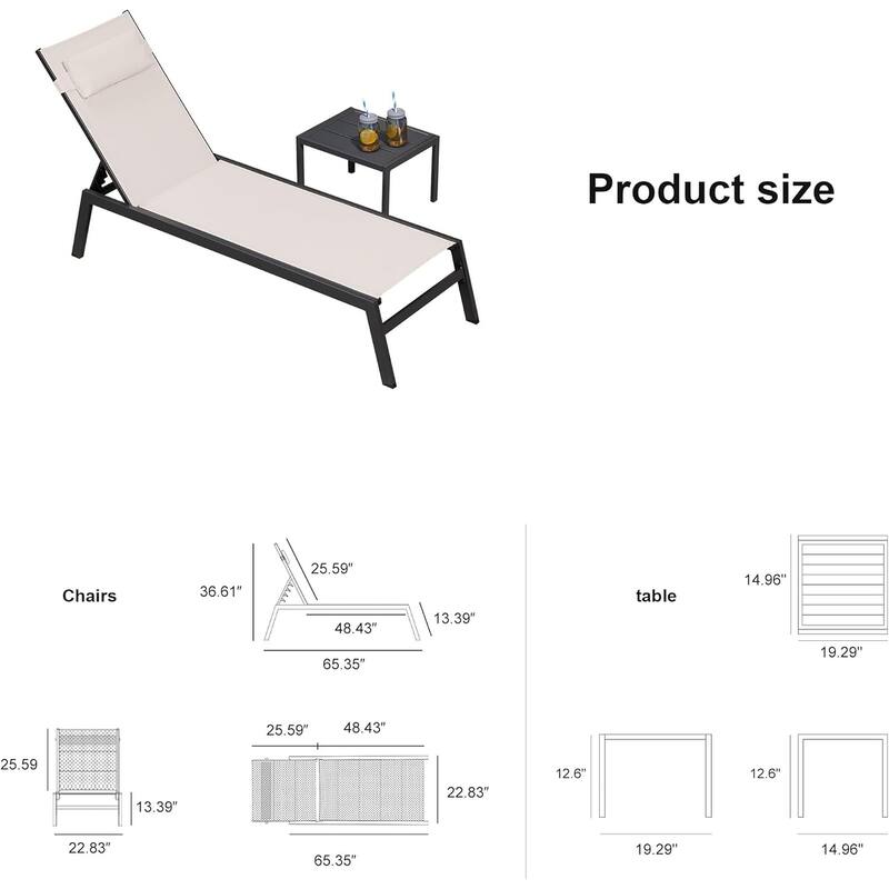 PURPLE LEAF Lounge Chair Set for Outside Aluminum Patio Recliner with Side Table and Pillow Beach Sunbathing Tanning Chairs