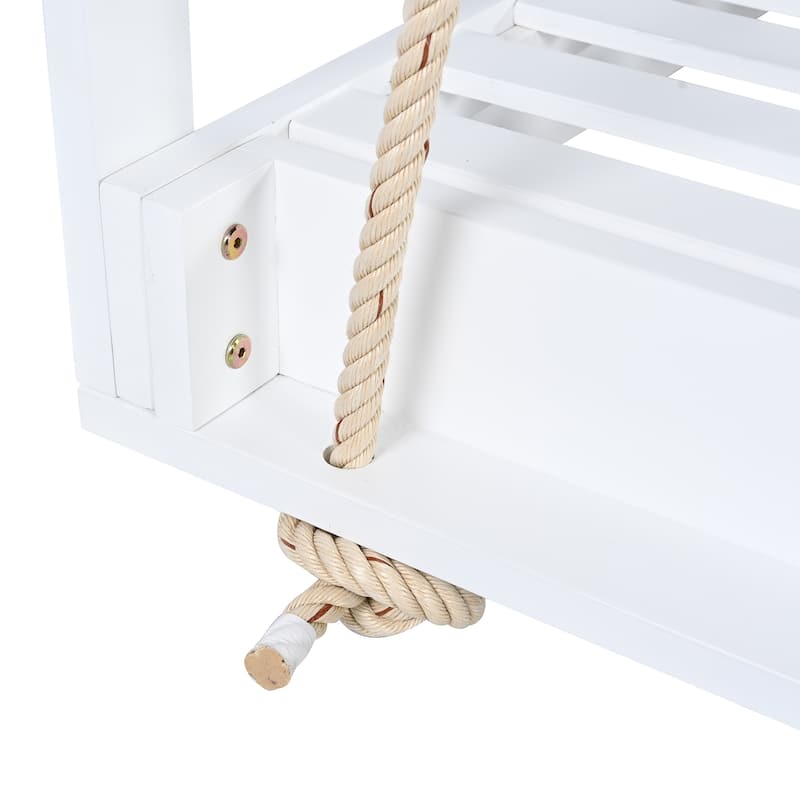 Roomfitters Outdoor Full Size Hanging Porch Swing Bed, Acacia Wood Frame with Hemp Ropes for Patio, Backyard, Garden