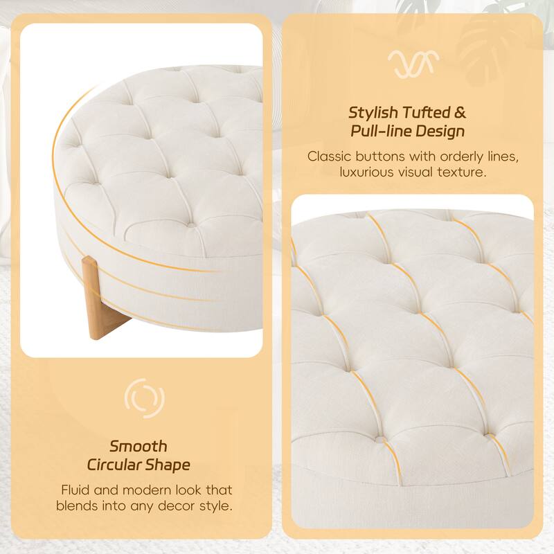 32" Round Tufted Ottoman with Solid Wood Legs by Harper&Bright Designs