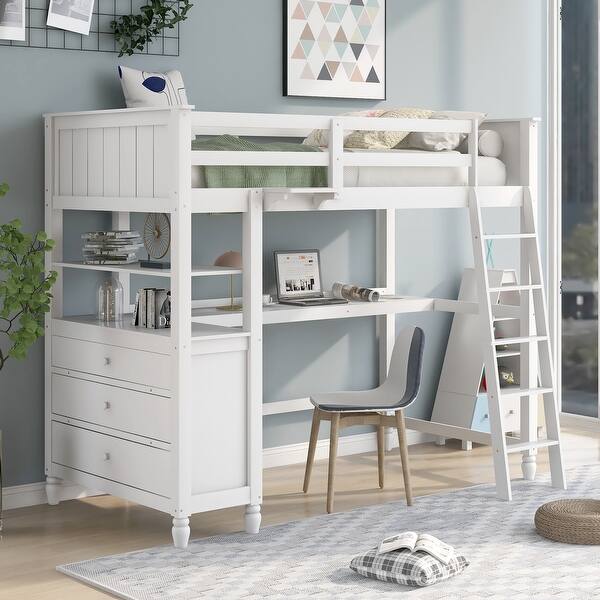 slide 2 of 9, Twin size Solid Wooden Loft Bed with Drawers and Desk,Shelves White