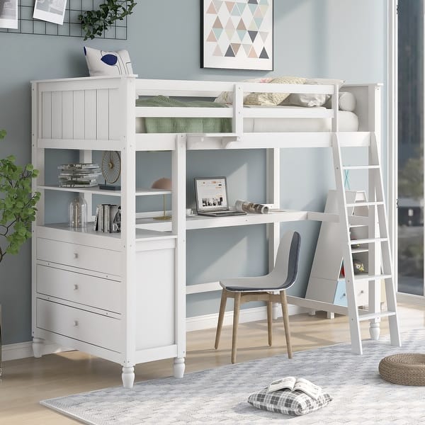 slide 2 of 9, White Twin Solid Wood Loft Bed with Drawers Chest, Desk, Shelves White