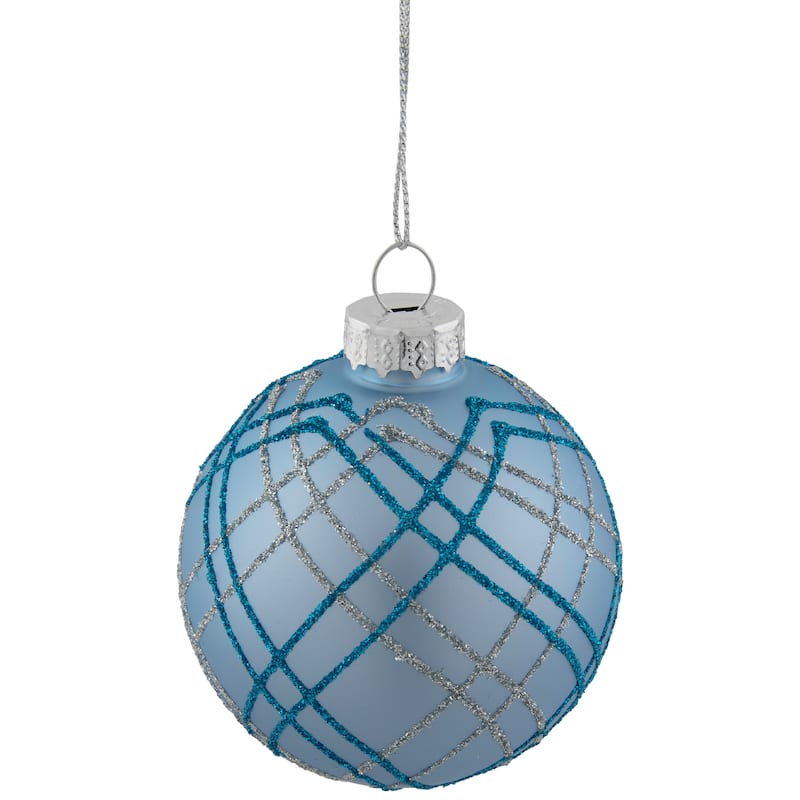 4ct Blue Silver Plaid Glitter Glass Christmas Ornament Set 2.75"