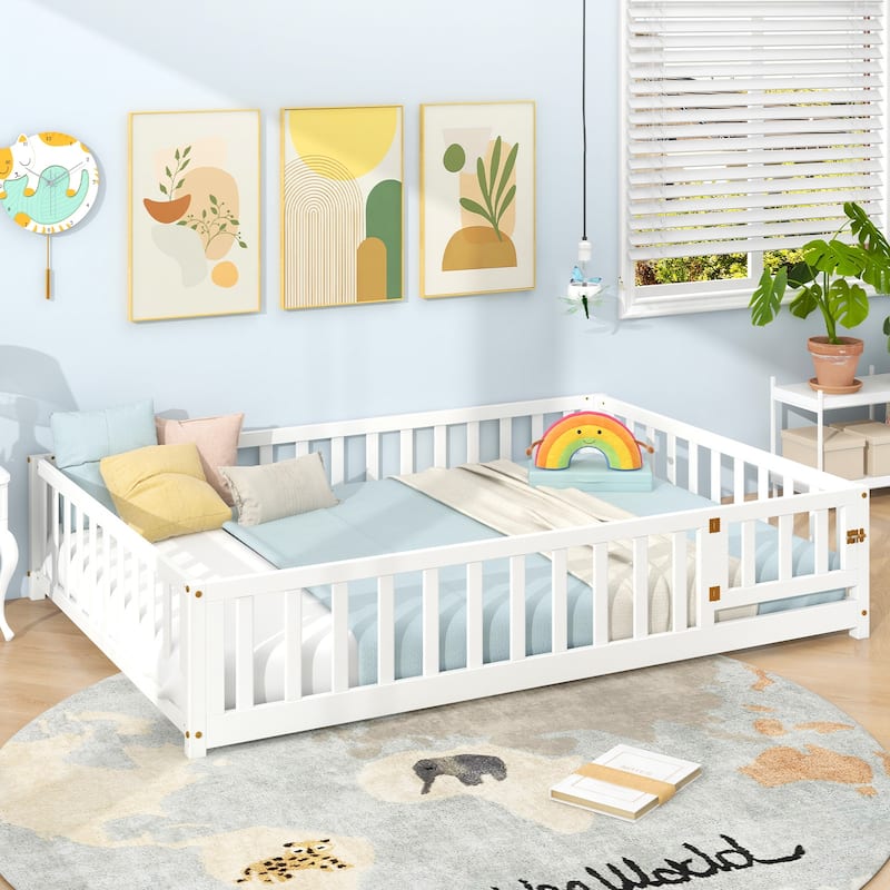 Montessori Floor Bed Frame with Full-length Guardrails Safety Door and Plywood Slats