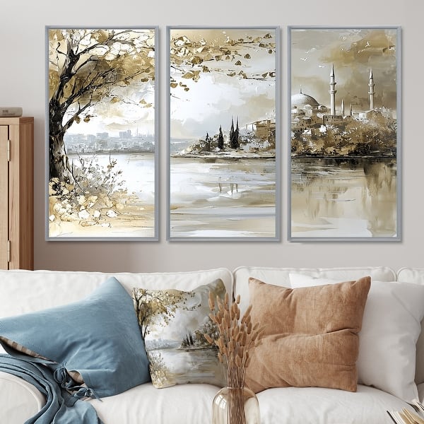 slide 2 of 9, Designart - Gold Bosphorus Strait In Turkey - Turkey Wall Art Set of 3 - Large Traditional Framed Canvas Wall Art 38 in. W x 28 in. H - Wood - Silver
