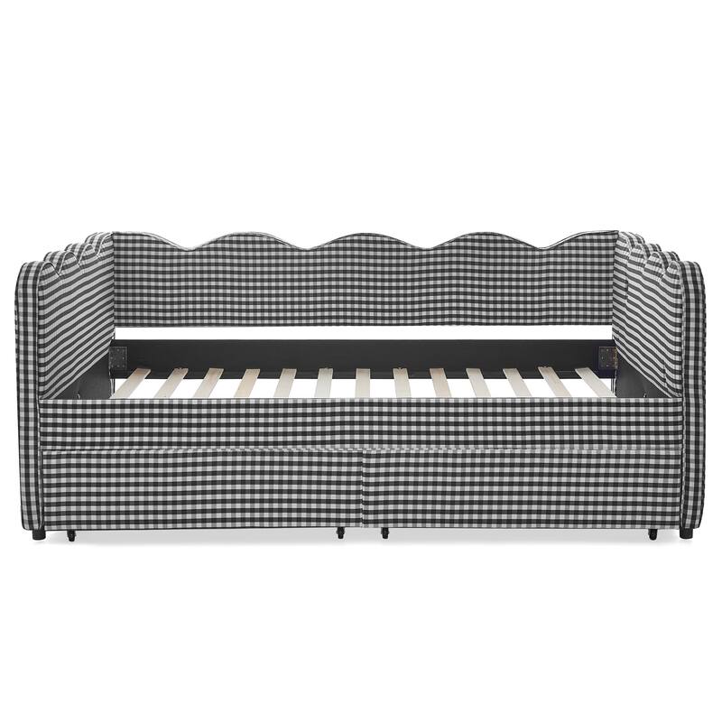 Full/Queen Gingham Daybed with 2 Storage Drawers, USB Port & Wave Shaped Linen Fabric