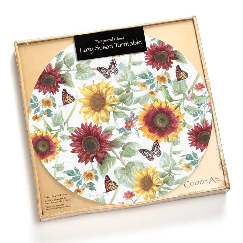Glass Lazy Susan Sunflower Splendor Turntable 13 Inch Diameter
