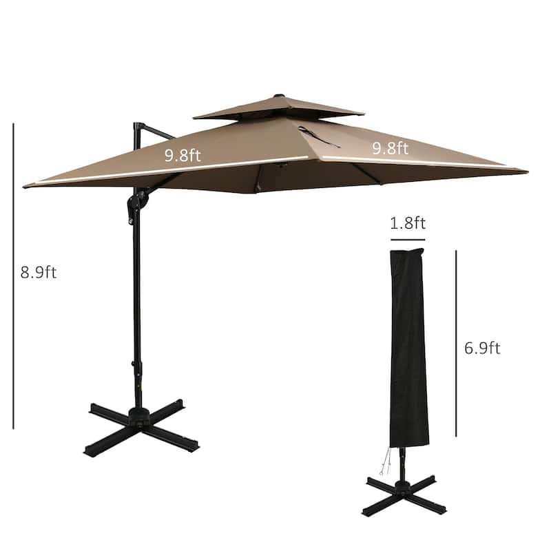 10ft Offset Patio Umbrella with Base, Double Top Hanging Aluminum Cantilever Umbrella with 360-degree Rotation, Easy Tilt