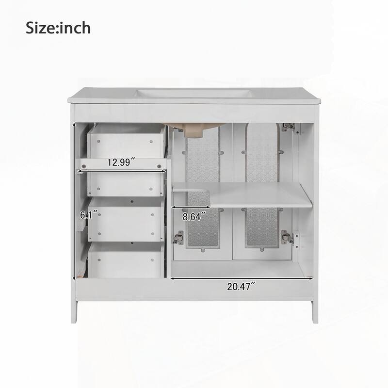 bathroom vanity with two soft close doors and adjustable shelves