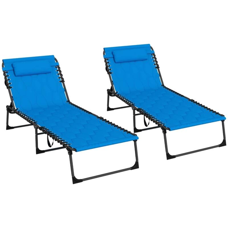2 Person Adjustable Sun Lounger with Cushions and Side Pockets Foldable Steel Frame Oxford Fabric Reclining Chair - Black, Blue