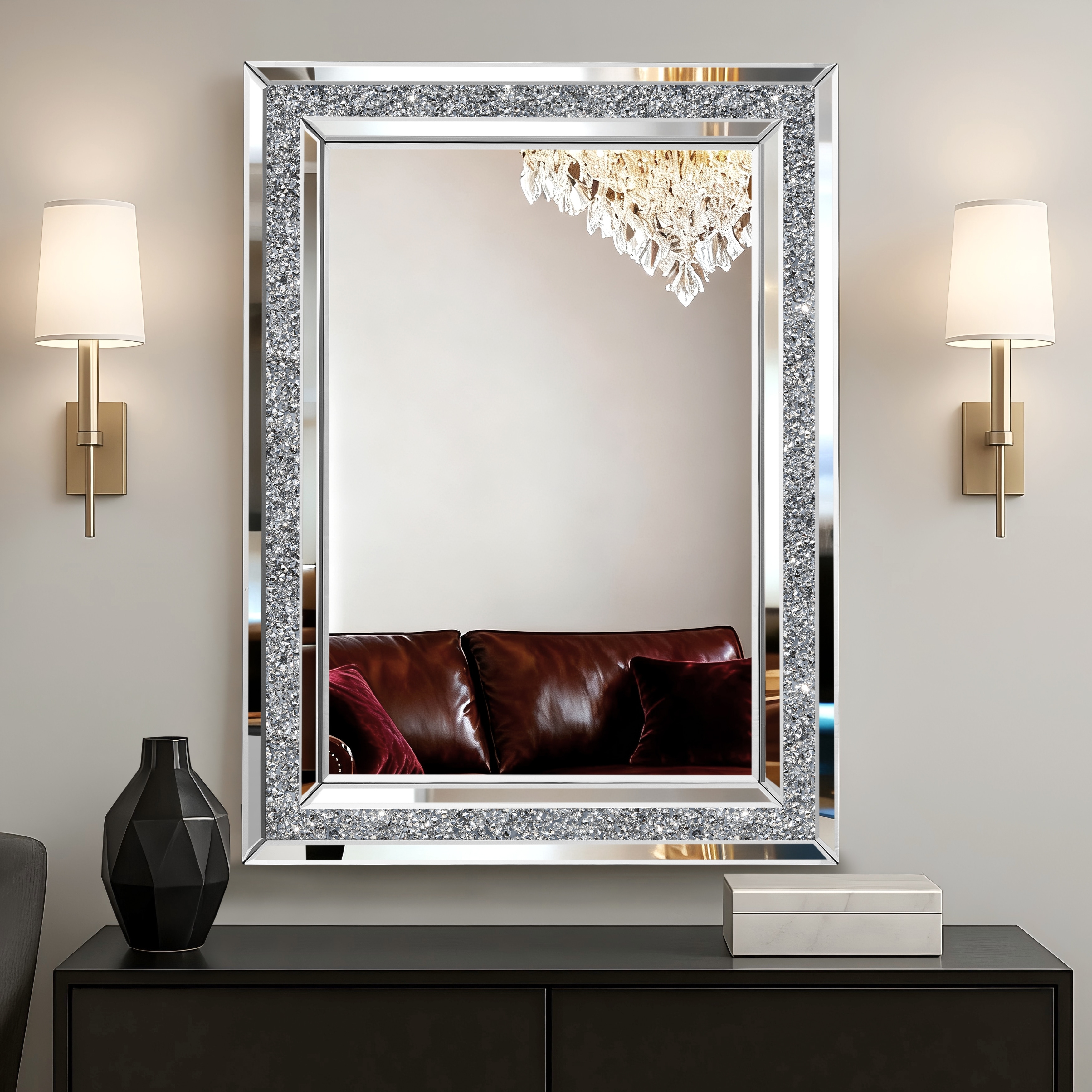 Glam Crystal Accent Mirror Diamond Inlay Wall Mirror - On Sale